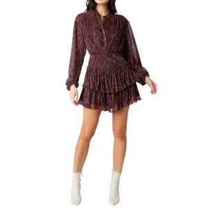 Olivaceous Metallic Ruffle Mini Dress Long Sleeve Smocked Waist Party Dress S